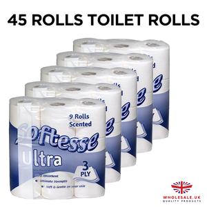 45x Toilet Rolls 3ply 9x5 Rolls, Luxury Quilted, Soft and Gentle, Flushable Eco-friendly Disposable Sustainable, Family Sheets Wipes soft bathroom unscented