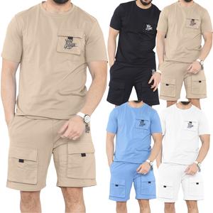 Mens Tracksuit Fleece Cargo Shorts & Top Tech Fleece Set Stretch T-Shirt Shorts Lightweight Outfit Bottom Set