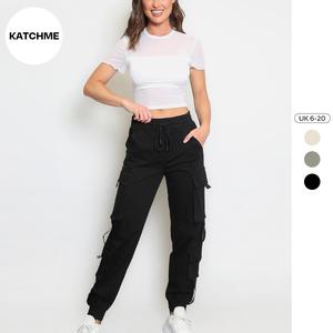 KatchMe Women's Casual Solid Color Multi-Pockets Cargo Pants(Size 6-20),Street Womenswear,High Waist Plain Elastic Waist Drawstring Cargo Trousers