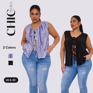 2025 Chichero Womenswear Printed Pleated Tie Front Sleeveless Adjustable Top Casual Boho Clothing Everyday Fitted Medium Style Summer cold  shoulder  tops tops black  friday  sale