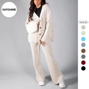 KatchMe Knit V Neck Minimalist Cardigan & Wide Leg Trousers Co-ord (One Size: 6-20UK), Lady's Button Knitwear Set for Fall & Winter, Comfort Womenswear