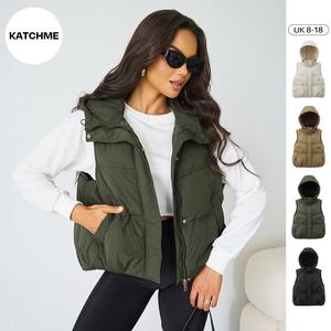 KatchMe Women's Street Solid Color Hooded Zip-Up Thermal Gilet, Casual Sleeveless Outerwear for Women, Fall & Winter Side Pocket Gilet for Lady Streetwear