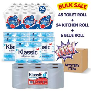 45 x Toilet Roll, 24 x  Kitchen Roll, 6 x Blue Roll + FREE Mystery Item , 3 PLY Flushable and Soft Toilet Roll (5 x9 Pack), 2PLY Durable and multi-purpose Kitchen roll/towel/sheets (5 x9 Pack), 2PLY Multi-Purpose Centre-feed Blue Rolls (1 x 6 Pack)