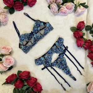 Liliosa Lingerie High Quality Floral Embroidery Mesh Sheer Blue Madi 3 Piece Set- (Bra adjustable - garter adjustable + Pants adjustable) Comfortable Breathable Everyday Multicolor Outfit, Minimalist Basic Underwear Womenswear, Spring Essentials Style