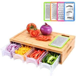 Bamboo Cutting Board with 4 Containers, Large Chopping Board with Juice Grooves, Easy-Grip Handles & Food Sliding Opening, Carving Board with Trays for Food Storage, Transport, and Clean-Up Kitchen