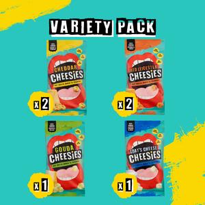 NEW Viral Delicious Cheesies Variety Pack - 6 x 20g packs of 100% Cheese, Baked until Crunchy. 1 ingredient - Small Variety Pack with Cheddar, Red Leicester, Gouda and Goat's Cheese. Award-Winning flavour, Zero Carb, High Protein, No Fridge Required.