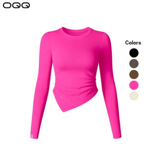OQQ Women's Longsleeves Crew Neck Ruched Stretch Fitted Underscrubs Layer Tee Shirts Tops Womenswear Streetwear Lady Comfort