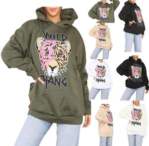 Fashion Luva Womens Long Sleeve Wild Thang Tiger Face Printed Sweatshirt Hooded Jumper dress Top In Plus Size. Casual Womenswear Sweaters