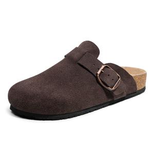 FITORY Suede Clogs Round Headed Walking Slippers, Leather Mules Cork Clogs with Comfort Adjustable Straps,Fashion Slippers for Women & Men All Season【Women size up】