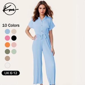 KatchMe Women's Summer Casual Collared Neck Button Waist Tie Jumpsuit,Summer Outfits 2024,Holiday Womenswear,Casual Partial Button Wide Leg Romper