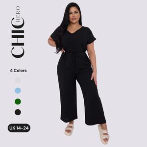 ChicHero V Neck Batwing Short Sleeve Tie Waist Wide Leg Comfort Jumpsuit Casual Clothing Womenswear Check Day Dress Formal Maxi black  friday  sale Off-Shoulder Short Sleeve Jumpsuit Adjustable Tie Front Batwing Jumpsuit