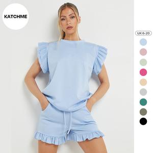 KatchMe Women's Chic Solid Color Ruffle Sleeve Top & Pocket Shorts Co-ord (Size 6-20UK),Plain Puff Sleeve Top & Drawstring Waist Shorts Set,Womenswear