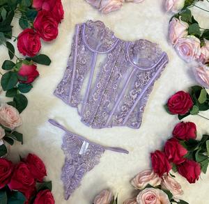 LILIOSA LINGERIE Rapunzel -  Lilac Soft Contrast Floral Mesh Sheer Corset 2 Piece Lingerie Set, Soft Comfortable Panties,  Sexy Naughty Underwear,  Comfy Everyday Fit Womenswear, Longline Shapewear, Everyday Outfits, Tummy Control Top