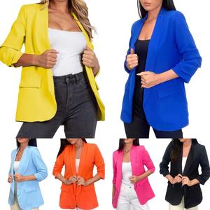 Ladies Italian Ruched Sleeve Casual Plain All Season Blazer With Side Pockets Collared Womenswear Jackets Lady Coats Tops
