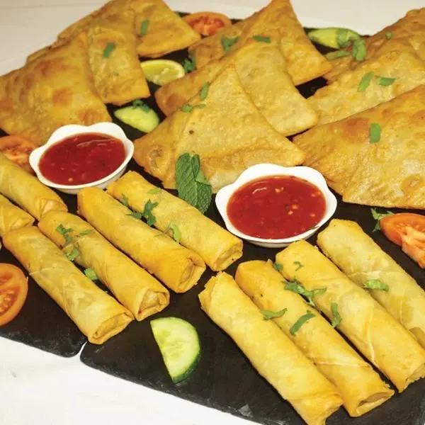 Halal Appetizer Platter with Meat, Chicken, and Veg Samosas, and Rolls ...