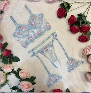 LILIOSA LINGERIE Pastel Sky Blue Elegance Pink Floral Embroidery High Quality Mesh Sheer 4 Piece Lace Lingerie Set (Corset+Garter+ Thong +Thigh Straps) Comfortable Womenswear, Elegant Adjustable Soft Lightweight Longline Multicolor Bra, Bridal Matching