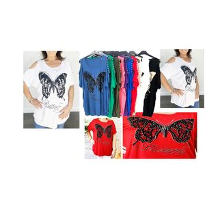 Fashion Luva Ladies Cut Out Cold Shoulder Butterfly Top T-Shirt Oversized Blouse Studs Beaded Emboridered Diamante Shirt.