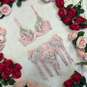 LILIOSA LINGERIE LIVE Christmas Collection Pink Baby Blue & Yellow 3 Piece Lingerie Set (Bra + Garter + Pants) Comfortable Underwear Lingerie Womenswear， Autumn/winter everyday comfort elegant Style lady lingerie, Christmas, Festival Christmas gift