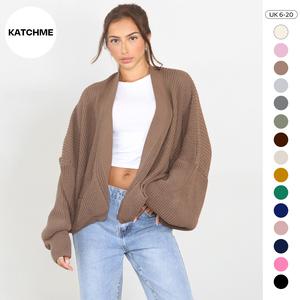 KatchMe Women's Casual Trendy Balloon Sleeve Knit Short Cardigan (6-20),Holiday Outfit Street Womenswear,Basic Plain Open-Front Side Pocket Knitwear