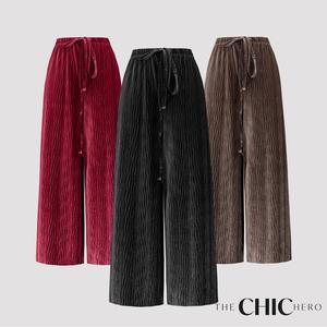 ChicHero Elastane Velvet Plisse Wide Leg Comfort Trousers Comfortable Pants high  waist  pants  for  women black  friday  sale