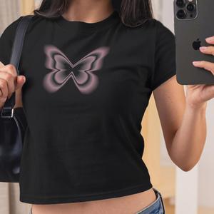 Y2K Butterfly Print T-Shirt (Black) - Womens Baby Tee - Salty Pixie