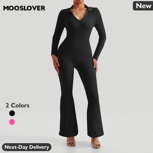 Mooslover UK Women's Trendy Polo Collar Deep V Long Sleeve Ribbed Knit Jumpsuit Comfort Fit Overalls