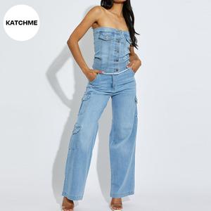KatchMe Women's Trendy Denim High Waist Wide Leg Cargo Trousers,Multi-Pocket Street Womenswear,Jeans With Cargo Pockets,Versatile Casual Outfits