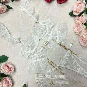 Liliosa Lingerie Chic White Dot Angel Sexy Elegant  3 Piece Lingerie Set With Chains (Clasp Bra+Adjustable Garter+Adjustable Pants)  Comfortable Fabric Thong Underwear Womenswear, Ruffled Sheer Belt, Soft Lace Straps , Elegance Feminine Bridal Matching Bl