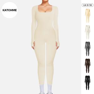 KatchMe Women's Sport Solid Color Long Sleeve Shaping Yoga Jumpsuit, Plain Thumb Holes Shapewear, Basic Womenswear