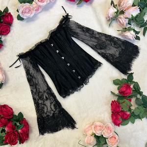 LILIOSA LINGERIE High Quality Long Sleeve Black Satin and Lace Dream Corset - Chic Elegant Vintage Feminine Body Shape Comfortable Underwear Womenswear, Off Shoulder Bow Soft Lace Sleeves Everyday Elegance Festival Fashion Top, Winter Matching Fit