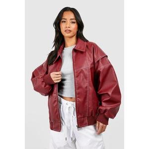 Petite Pu Contrast Stitch Oversized Bomber Jacket