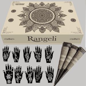 12 Pack Rangeli Handmade Henna Cones with 20pcs Stencils Included (10 Pairs) - Temporary Tattoo for Hands and Arms