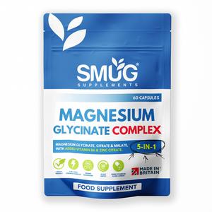 Magnesium Glycinate Complex British Made 5-in-1 by SMUG Supplements - 60 Capsules - Advanced Blend Combining Magnesium Glycinate, Citrate and Malate.  With Added Vitamin B6 and Zinc.