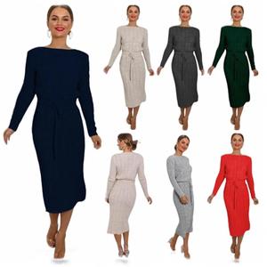 Fashion Luva Women Cable Knitted Jumper Dress Ladies Pocket Tie up Long Sleeve Midi Winter Warm Casual Pocket Long Top Womenswear Chic