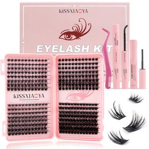 Kissxiaoya Mixed Styles Eyelash Extensions Kit, 1 Set Wide Stem Flase Lashes Book & Eyelash Tweezer & Eyelash Glue & Eyelash Remover, Mixed Length D Curl Soft Cluster Lashes, Eyemakeup Lifting Products for Lashlovers Diy at Home Eyelashes Extensions Silky