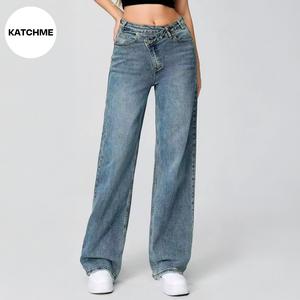 KatchMe Women's Stylish Asymmetrical High Waist Multi-Pocket Wide Leg Jeans, Denim Trousers for Women, Street Womenswear, Versatile Women's Bottom