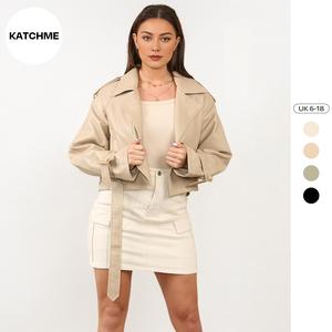 KatchMe Premium Women's Notch Lapel Double Breasted Detachable Belt Cropped PU Jacket,Outerwear Jacket for Lady Streetwear,Plain Jacket for Fall & Winter