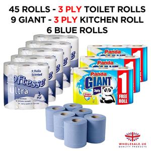 45x 3ply Toilet Rolls , 9x  3 ply Kitchen Rolls, 6x Blue Rolls,  Luxury Quilted, Soft and Gentle, Flushable Eco-friendly Disposable Sustainable, Family Sheets Wipes soft bathroom Set Cleaning