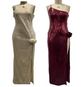 Pretty Little Thing Sequin One Shoulder Rose Appliqué Split Leg Maxi Dress Formal Womenswear