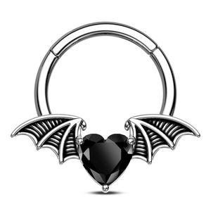 Oufer 16G Gothic Black CZ Heart Bat Wing Septum Ring