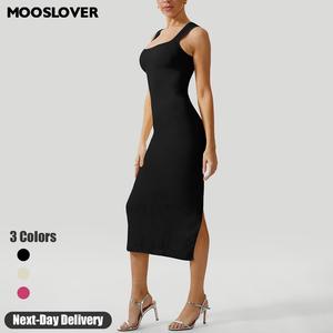 Mooslover UK Women's Square Neck Sleeveless Maxi Dress Ribbed Seamless Bodycon Dresses for Women Soft Lounge Dress Casual Comfort Elegant Womenswear