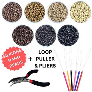 Nano Beads Rings Silicone Lined Hair Extension Fitting Kit, Pliers & Loop Puller For Hair Extension Installation - Full or Half Head 100/200 Beads
