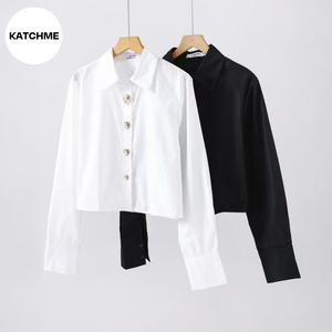 KatchMe Women's Casual Solid Color Gold-Toned Button Long Sleeve Shirt, Fitted Shirt Womens, Classy Cropped Shirts for Ladies, Comfortable Womenswear