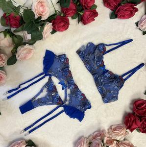 Liliosa Lingerie Skye - Classy Royal Blue 3 Pieces Floral Embroidered Mesh Sheer Ruffled Lingerie Set (Bra+ Garter+Pants) Elegant Comfortable Underwear Womenswear, Adjustable Spaghetti Straps, Lace Ruffle Bra, Satin Bow Dector, Sexy Lingerie Bottom Fit