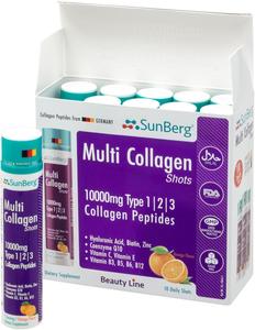 Sunberg Multi Collagen Peptides Liquid Shots - 10,000mg Hydrolyzed Collagen Type 1, 2, 3 Hyaluronic Acid Biotin Skin Hair Nail Joints Bones Muscles Teeth - Halal Collagen Complex Supplement 10 Shots