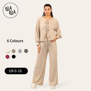 Rela Rela Balloon Sleeve Tie Front Top & Wide Leg Trousers Loungewear Set Co-Ord UK 6-16 Comfortable Fit Womenswear Casual Chic Cute Everyday
