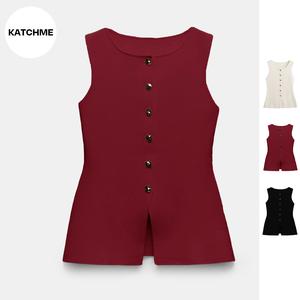 KatchMe Women's Versatile Solid Color Round Neck Sleeveless Button-Up Tank Top, Lady Slim-Fitting Top for Daily Holiday Wear, Minimalist Top for Lady