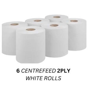 2-Ply Centrefeed WHITE Rolls - Pack of 6 Rolls - Ideal for Kitchens, Bathrooms, Offices, and More - Wipes, Toilet Cleaning Towels