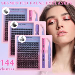 144pcs wispy eyelash cluster kit | Natural, reusable and easy to apply fluffy D-volume single lashes for DIY extensions at home | Includes cluster lashes, bonding and sealant, and tweezers