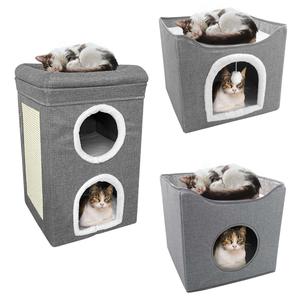 GEEZY Large Cat House Cosy Foldable Pet Cave Furry Soft Cushions Sisal Scratch Pad Fluffy Ball Cat Bed for Indoor Cats Collapsible Cat House Cat Condo Hideaway for Kitty Small Dogs Igloo for Small Pet